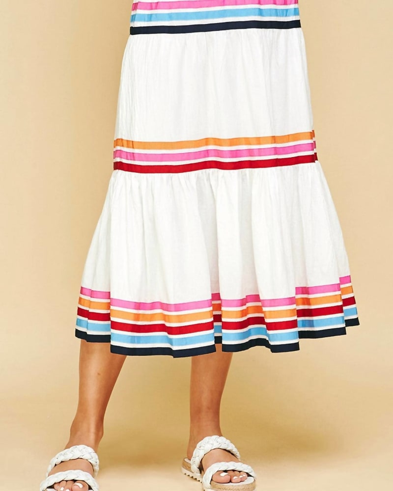 Front of a model wearing a size Large Give It A Twirl Midi Skirt In White Multi in White Multi by PINCH. | dia_product_style_image_id:342322